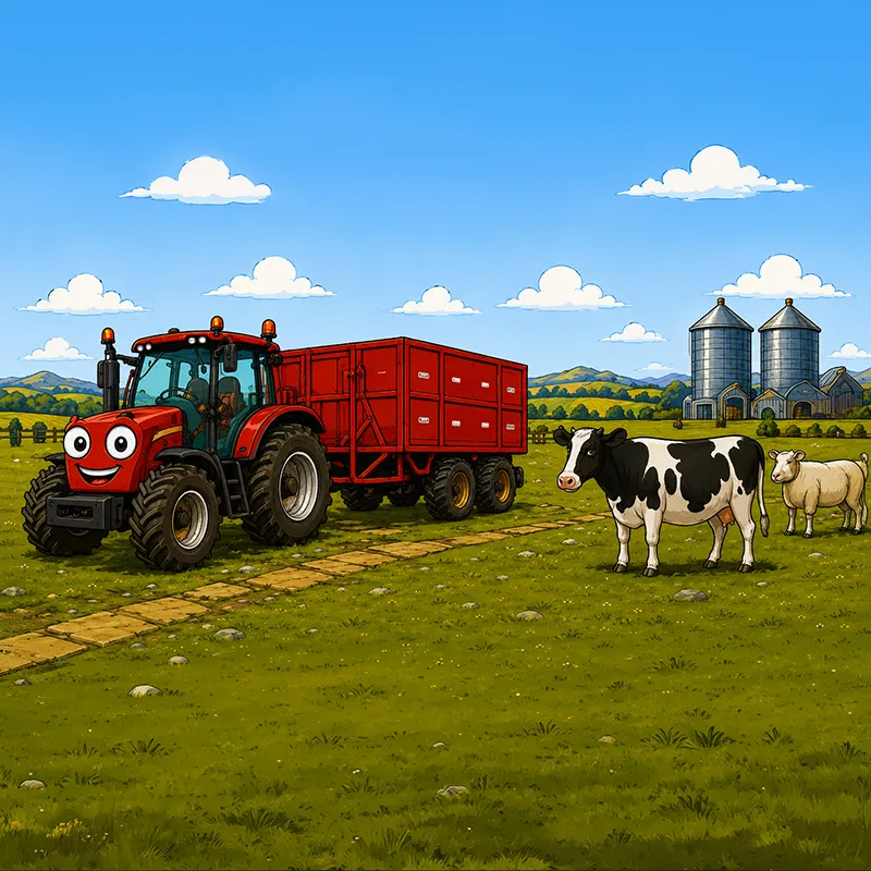 Mixed farming - red tractor with cow in field