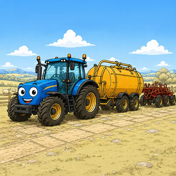 Blue tractor towing farm machinery